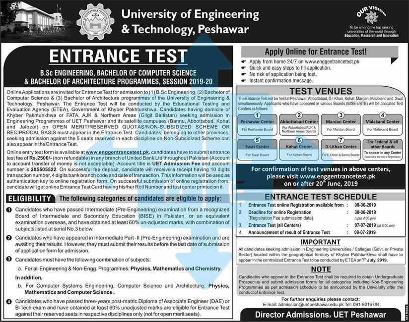 The Registration for UET Peshawar Entrance Test and the date of test has been announced