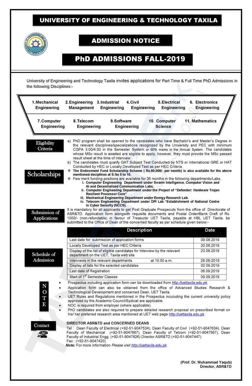University of Engineering and Technology Taxila PhD Admissions 2019