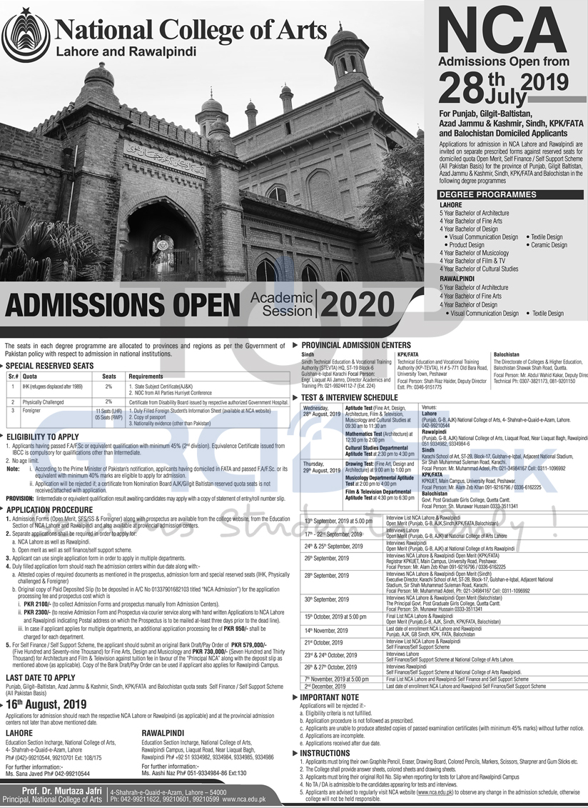 National College of Arts Admissions Open 2019